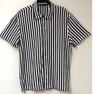 Kenneth Cole Mens Knit Short Sleeve Button Up Shirt Sz M Navy White Stripes